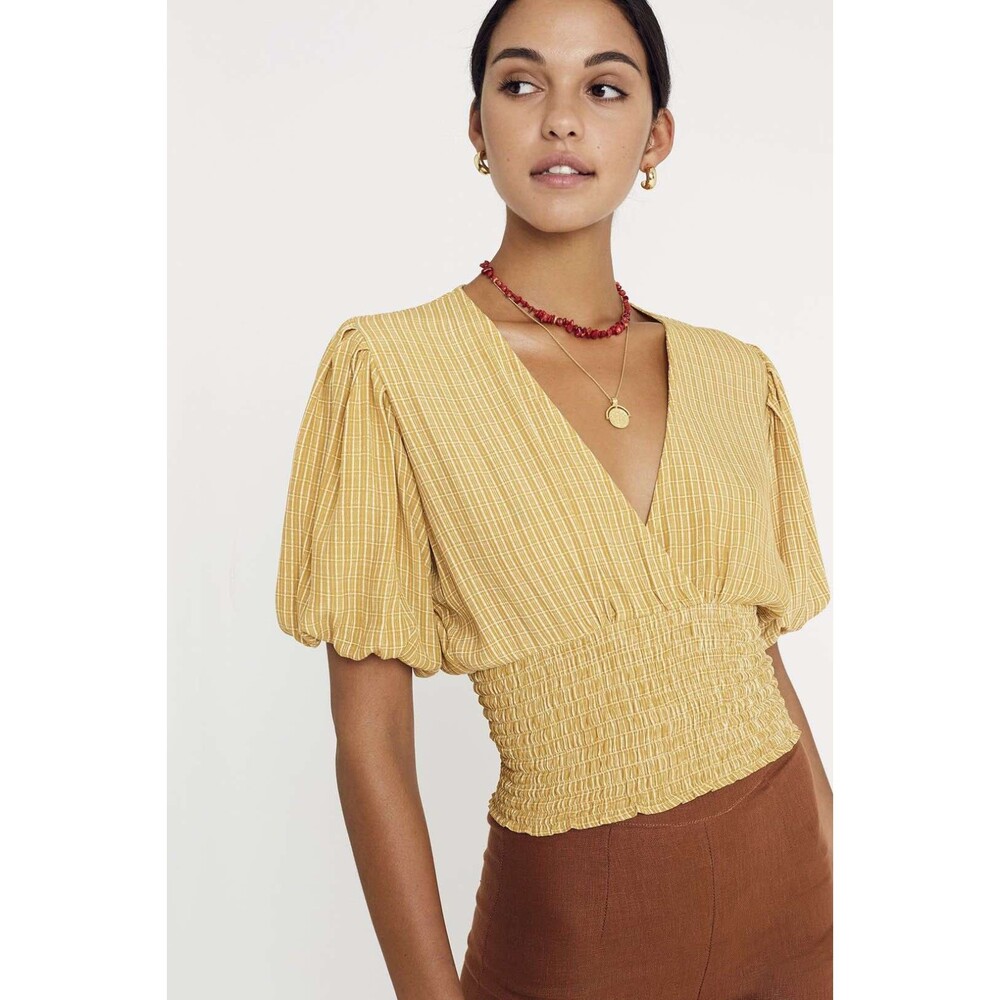 Faithfull the Brand Yellow Plaid Puff Sleeve Wrap Style Blouse, size 4